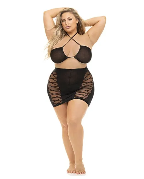 Rene Rofe Pink Lipstick Hold On Tight Halter Bra Skirt Black Anal