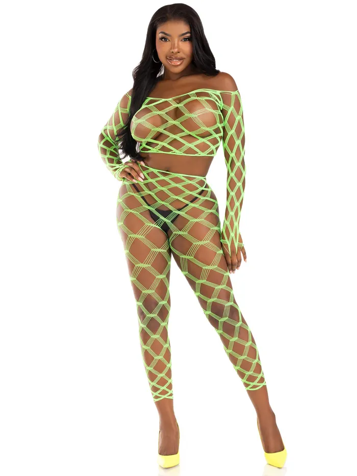 Leg Avenue Teddies And Bodies 2 Pc Net Crop Top and Footless Tights One Size Neon Green Leg Avenue Teddies And Bodies 2 Pc Net Crop Top and Footless Tights One Size Neon Green