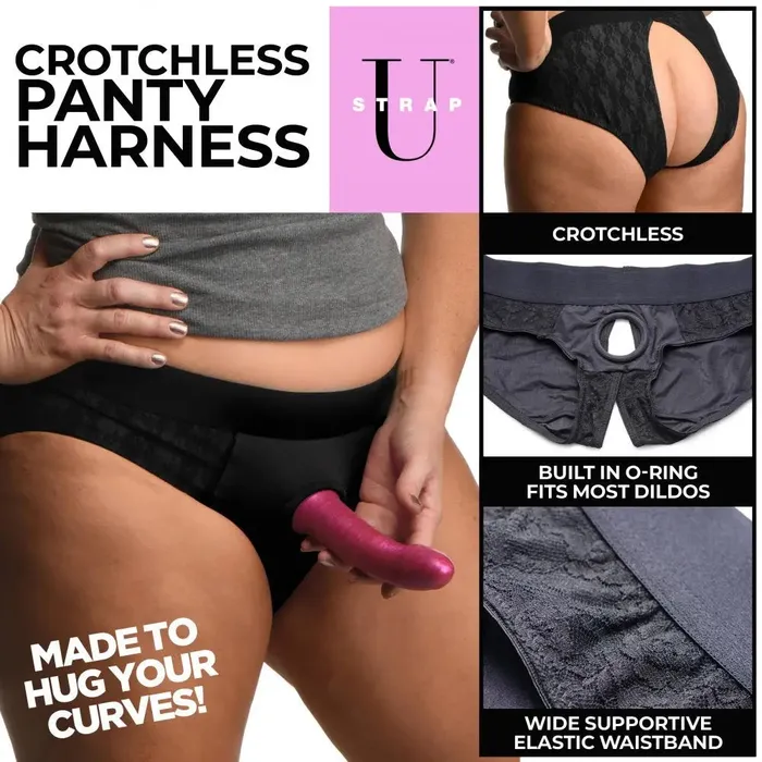 XR Brands Female Sex Toys Lace Envy Black Crotchless Panty Strapon Harness 2XL