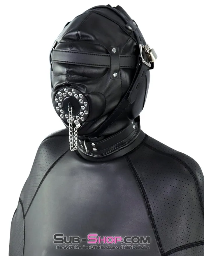 0193SM Complete Captive Locking Sensory Deprivation Hood with Open Mouth Plug Gag Idea Male Sex Toys