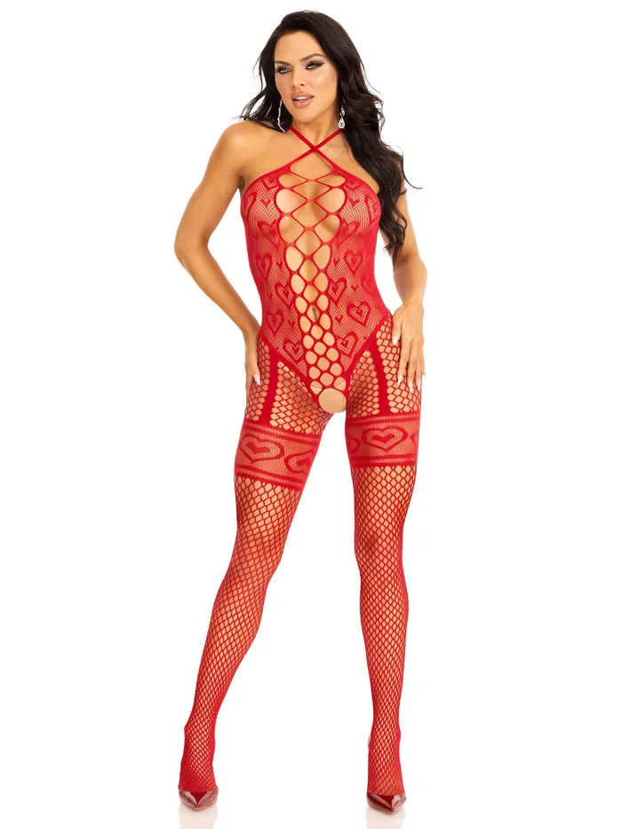 Leg Avenue Bodystockings Playsuits Heart Net Halter Bodystocking One Size Red