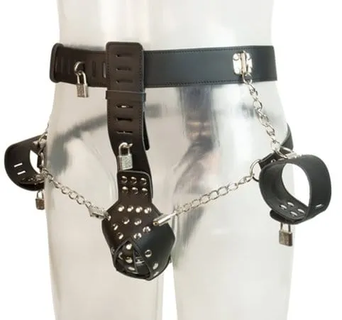 Moonwell Male Sex Toys 7215MSIS Locking Male Sissy Chastity Cage Belt with Chained Locking Wrist Cuffs