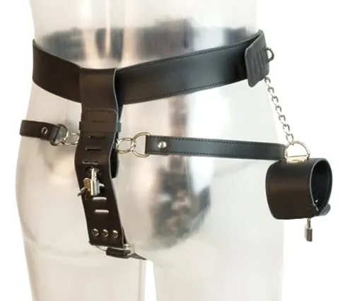 Moonwell Male Sex Toys 7215MSIS Locking Male Sissy Chastity Cage Belt with Chained Locking Wrist Cuffs