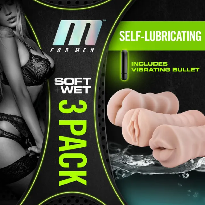 Blush Male Sex Toys M for Men 3Pack SelfLubricating Vibrating Pocket Strokers