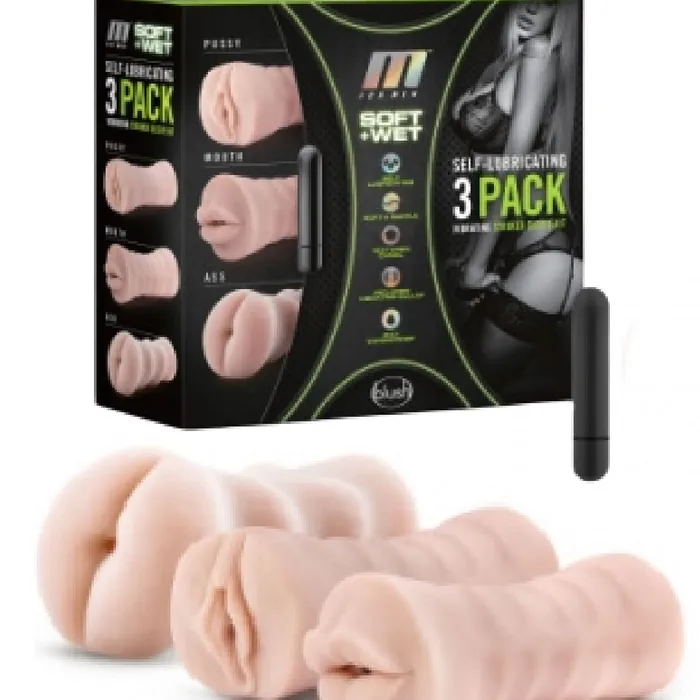 Blush Male Sex Toys M for Men 3Pack SelfLubricating Vibrating Pocket Strokers