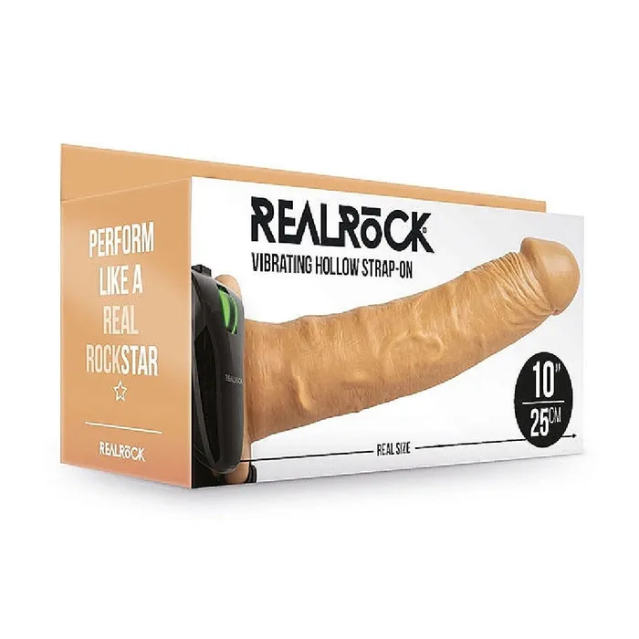 Shots Female Sex Toys Realrock Massive Vibrating 10 Inch Hollow Dildo Strapon Harness Caramel