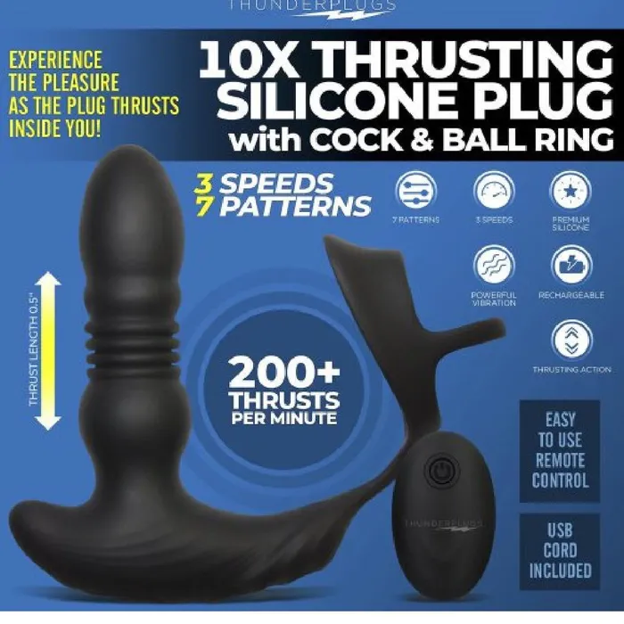 XR Brands Thunder Plugs Thrusting Silicone Anal Vibrator w Cock Ball Strap Male Sex Toys